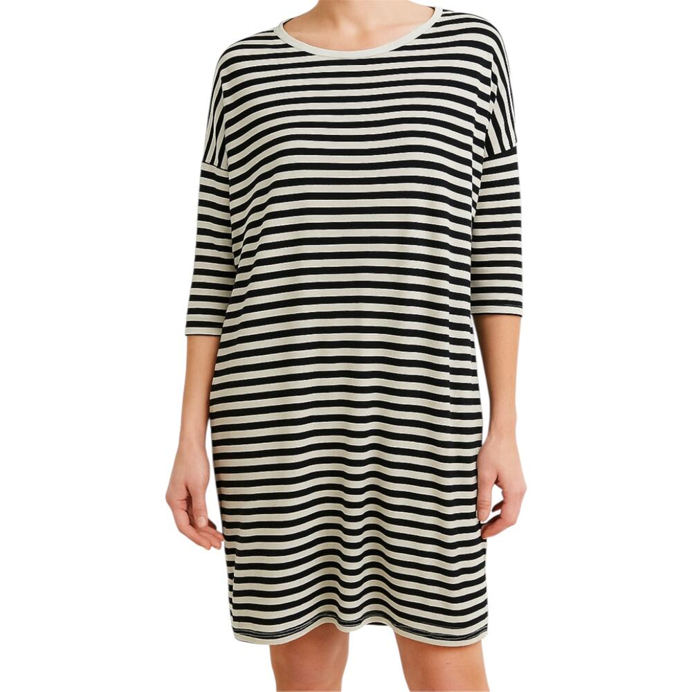 Xirena Stripe Midi TShirt Dress Long Sleeve Round Neck 100% Cotton Black White M